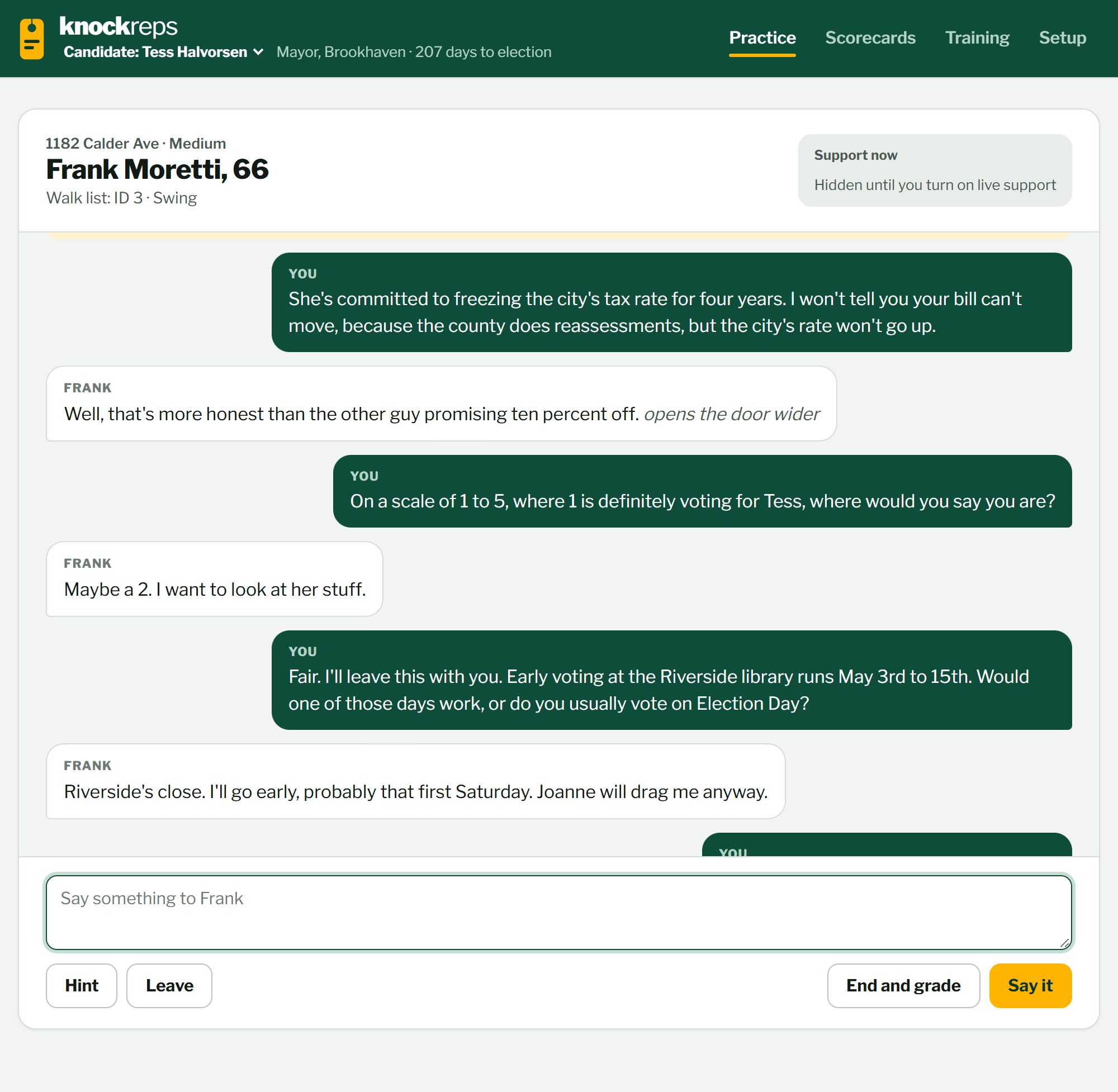 A practice conversation: the trainee answers a voter's property tax question with the approved rate-freeze line, gets a 2 on the support scale, and sets an early-voting plan.