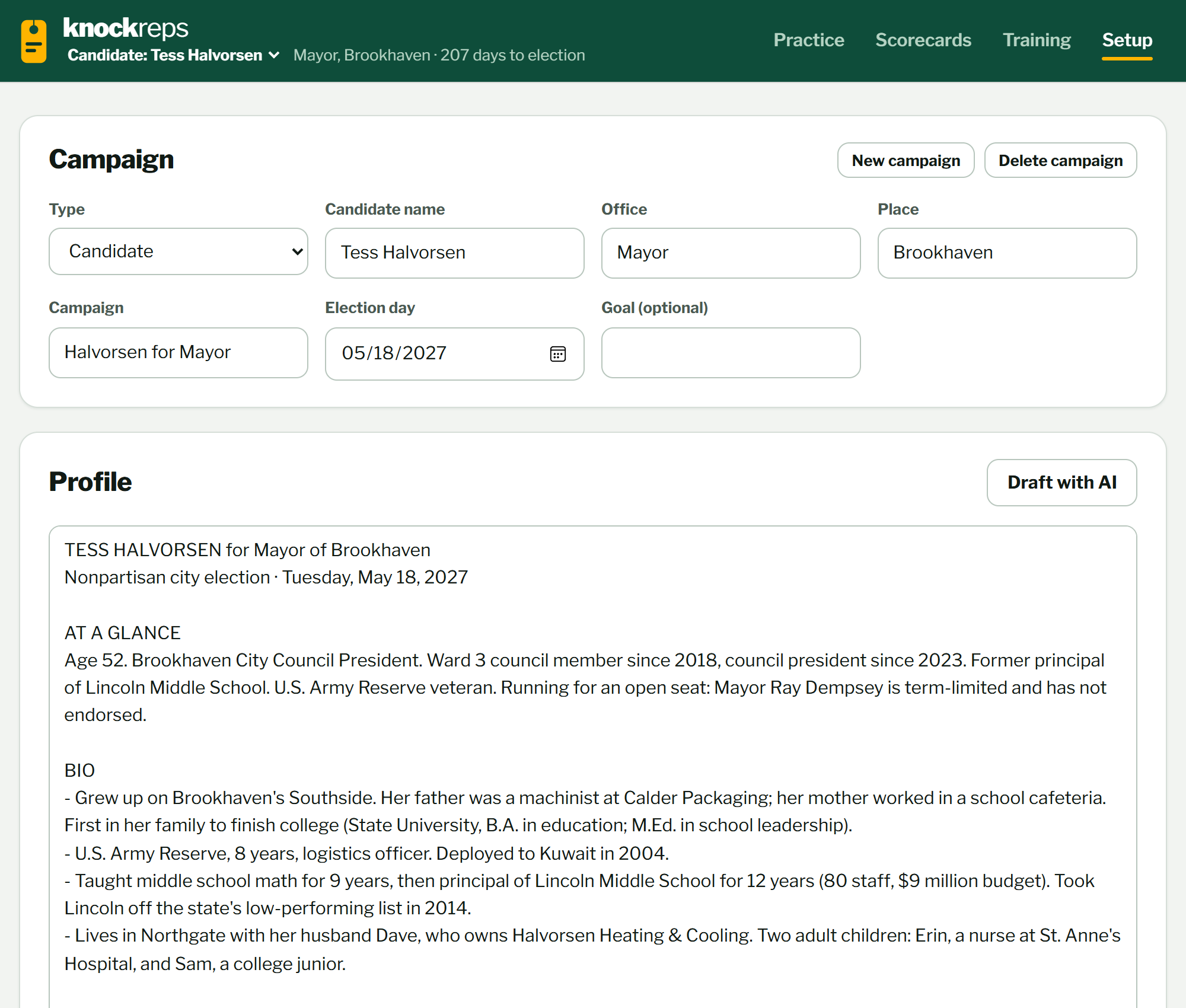 Setup screen with the candidate's name, office, election day and a detailed profile.