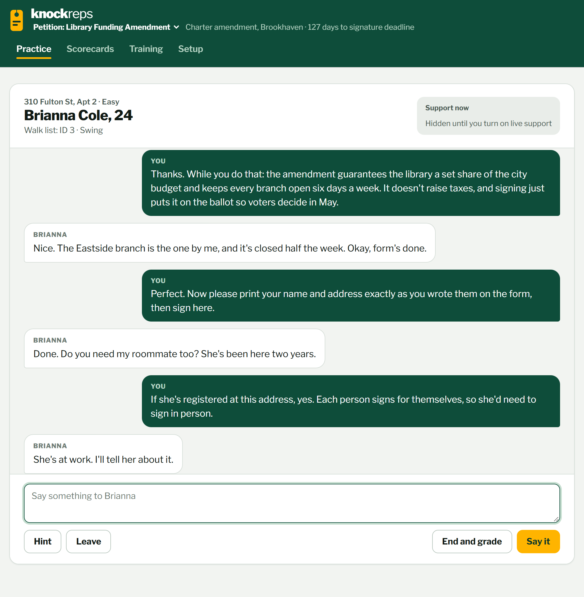 Petition practice: the trainee has a new resident register before signing, explains the amendment, and handles a question about her roommate signing.